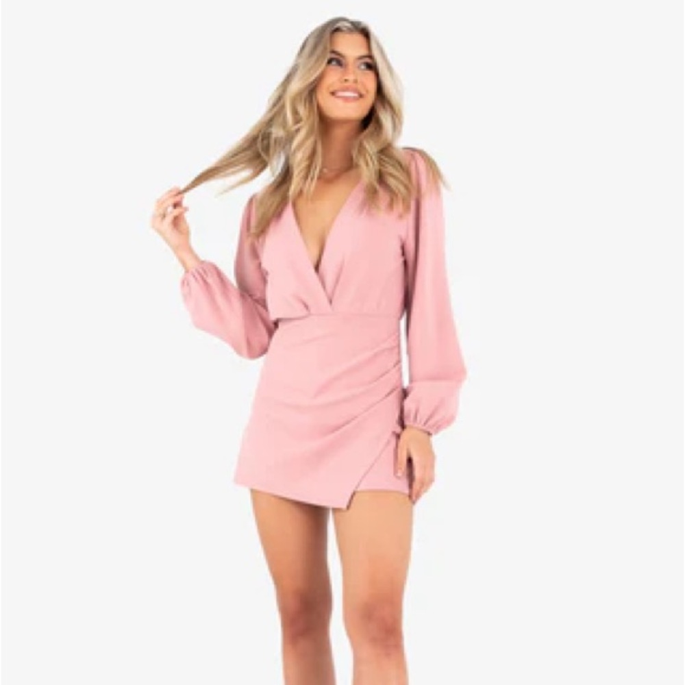 Kittenish, long sleeve blush romper